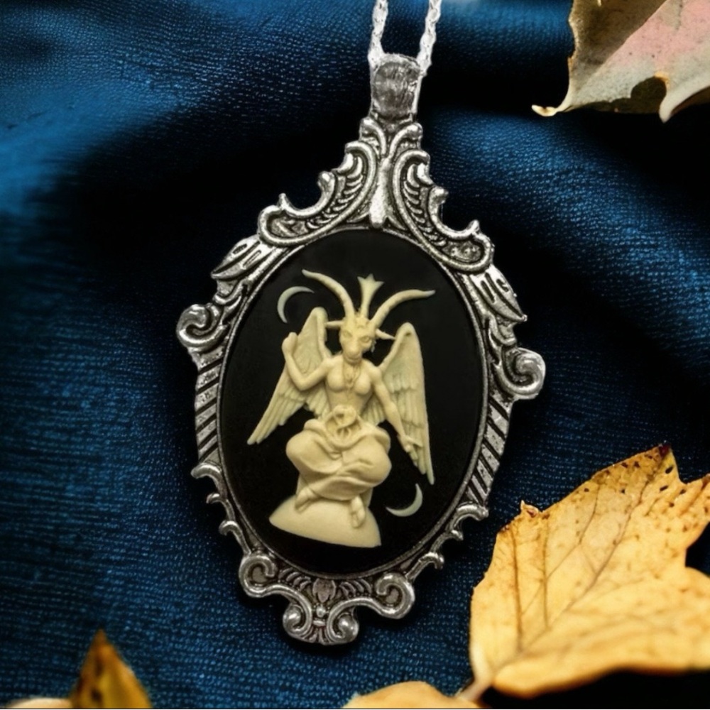 Occult Baphomet Victorian Necklace - Cream  Black  Silver Pendant